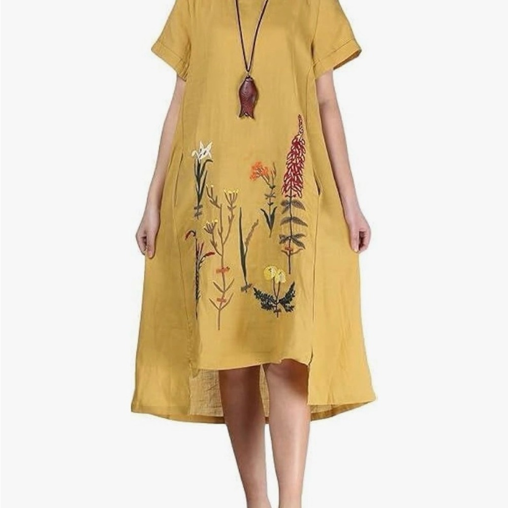 Women’s Minibee Mustard Yellow Linen Floral Embroidered Dress/Tunic - Picture 4 of 8